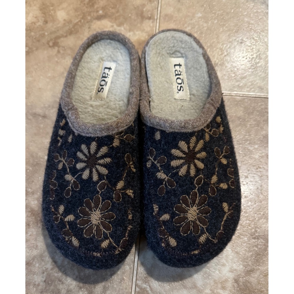 Taos Woollery Charcoal Grey Floral Embroidered Wool Clogs Womens 8-8.5, eu39